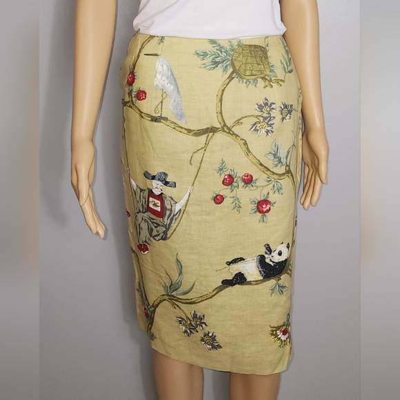 Silk Club Collection Chinoiserie Print 100% Linen Vintage Skirt Size 6 - Picture 1 of 8